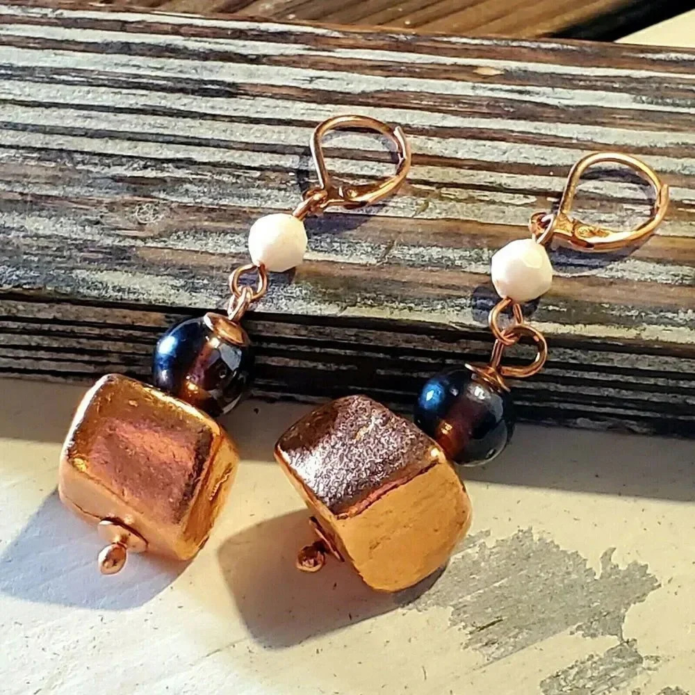 Striking Handcrafted Nepal Copper Dipped Baroque Brass Beads Earrings